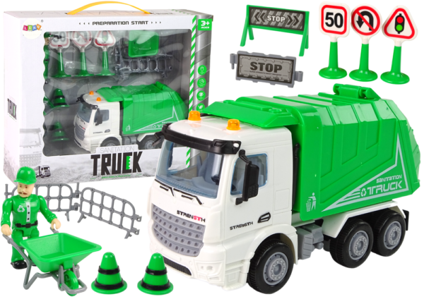 Rubbish Truck Set Road Signs Green Garbage Truck