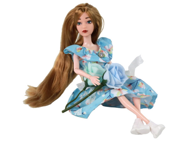 Children's Doll Emily Spring Long Hair Blue Flower Dress - Image 3