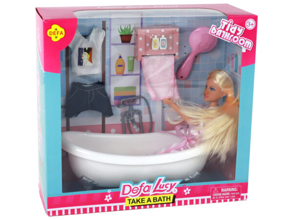 Children's Doll Long Blonde Hair Bathrobe Pink Bathtub Bathroom - Image 7