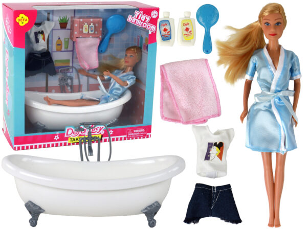 Children's Doll Long Blonde Hair Blue Bathrobe Bathtub Bathroom