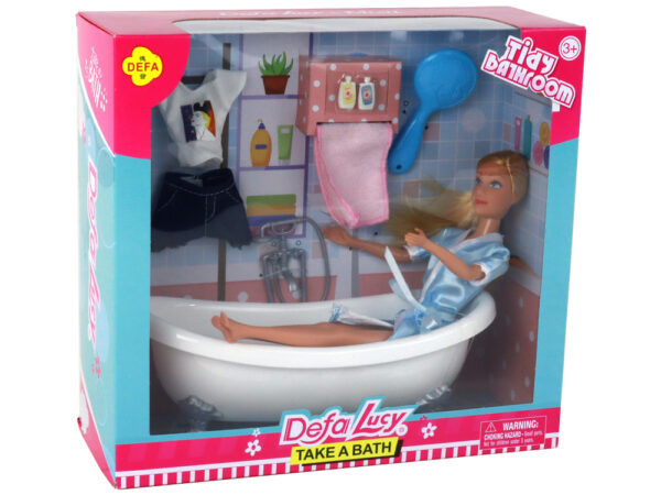 Children's Doll Long Blonde Hair Blue Bathrobe Bathtub Bathroom - Image 6