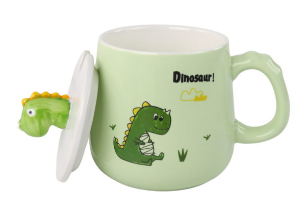 Dinosaur Green Ceramic Mug, Lid, Spoon, 350ml