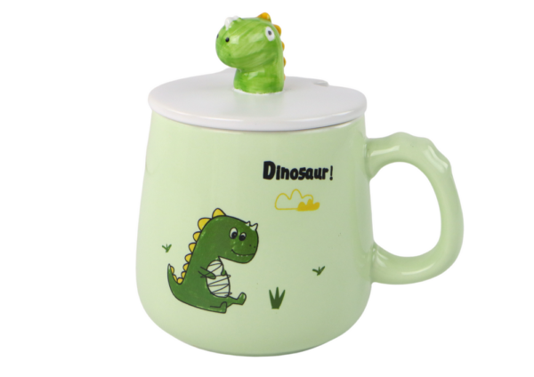 Dinosaur Green Ceramic Mug, Lid, Spoon, 350ml - Image 3