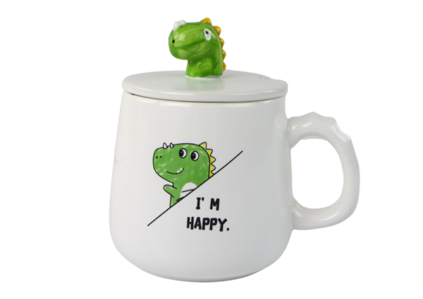 Dinosaur Ceramic Mug, White, Lid, Spoon, 350ml - Image 2