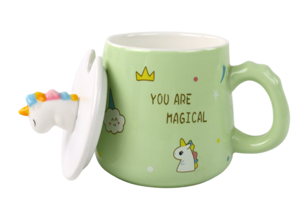 Green Unicorn Ceramic Mug, Lid, Spoon, 350 ml