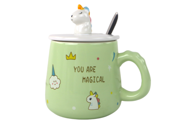 Green Unicorn Ceramic Mug, Lid, Spoon, 350 ml - Image 2