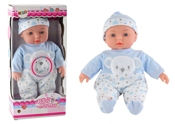 Baby doll, blue pajamas with teddy bear, hat, sounds