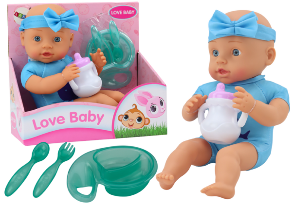 Baby doll, headband, feeding accessories, blue