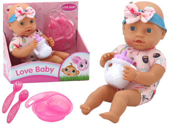 Baby doll, clothes with flamingos, headband, feeding accessories