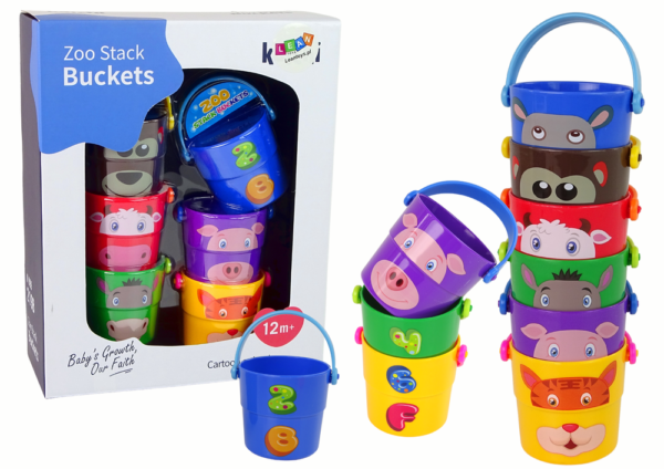 A set of colorful buckets with animals - a pyramid