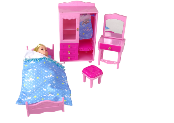 Doll + Furniture Set Bed Wardrobe Dressing table - Image 4