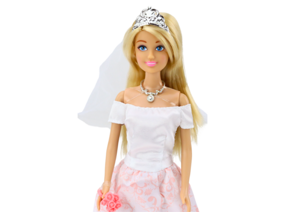 Doll In Wedding Dress Bride White Gown Veil Flowers - Image 3