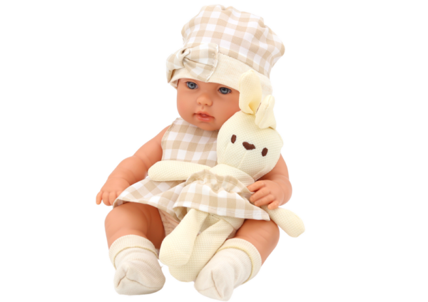 Baby doll in a carrier, a bunny, in a checkered outfit, beige - Image 2