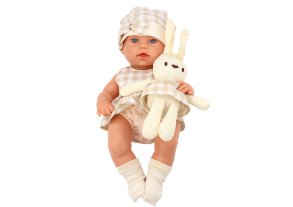 Baby doll in a carrier, a bunny, in a checkered outfit, beige - Image 3