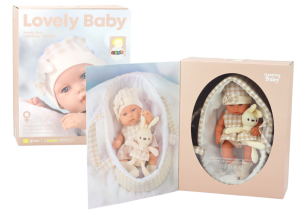 Baby doll in a carrier, a bunny, in a checkered outfit, beige - Image 5