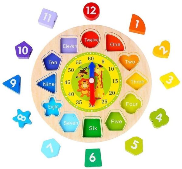 Wooden Educational Sorter Clock Learning Numbers Shapes Colours - Image 3