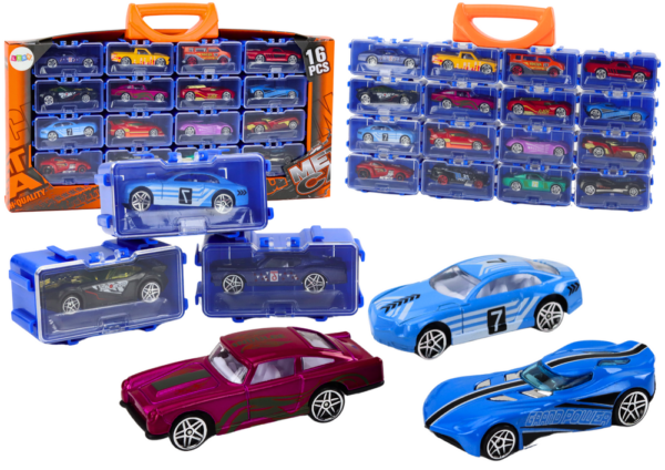 A set of cars with springs in a metal suitcase, 16 pieces