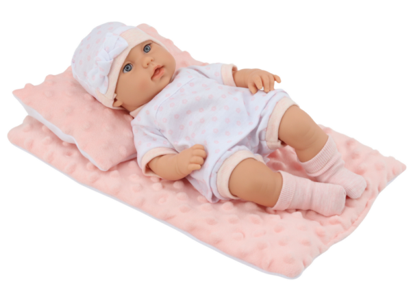 Baby Doll in White Pajamas, Hat, Blanket, Cushion - Image 2