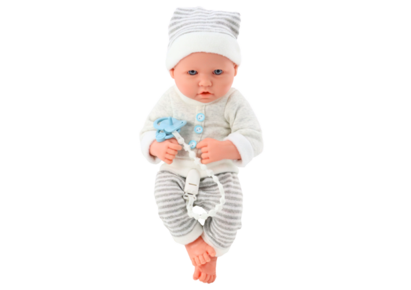 Baby doll in white and gray striped clothes, hat, pacifier, quilt - Image 2