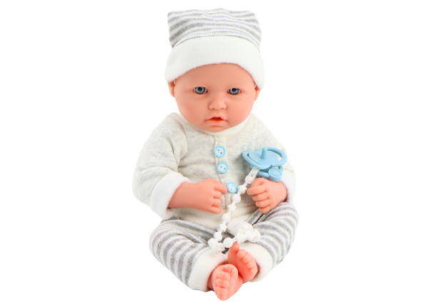 Baby doll in white and gray striped clothes, hat, pacifier, quilt - Image 3