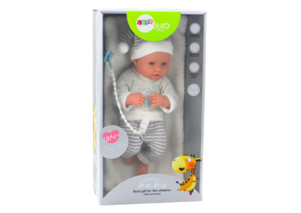 Baby doll in white and gray striped clothes, hat, pacifier, quilt - Image 4