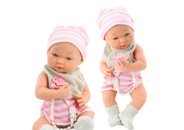 Baby doll in white and pink clothes, hat, pacifier, bib, quilt - Image 2