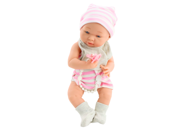 Baby doll in white and pink clothes, hat, pacifier, bib, quilt - Image 3