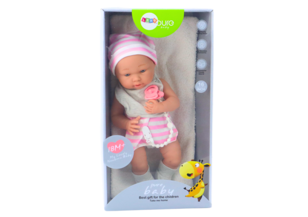 Baby doll in white and pink clothes, hat, pacifier, bib, quilt - Image 4