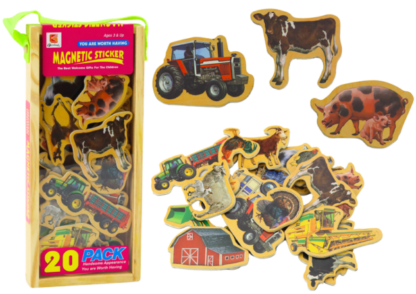 Set of Wooden Magnets, Home Animals, Agricultural Machines, 20 Pieces