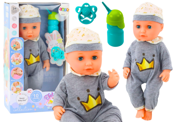 Baby Doll In Gray Pajamas Peeing Bottle Pacifier Sounds