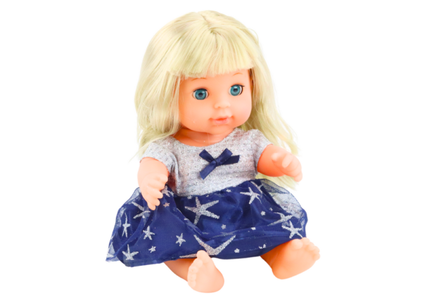 Doll In Navy Blue Dress Peeing Bottle Rattle Sounds - Image 3