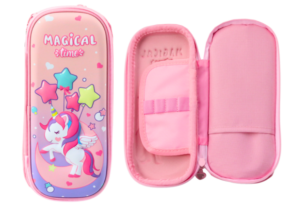 Pink Pencil Case with 3D Unicorn Two-compartment 24 cm x 11 cm x 7 cm