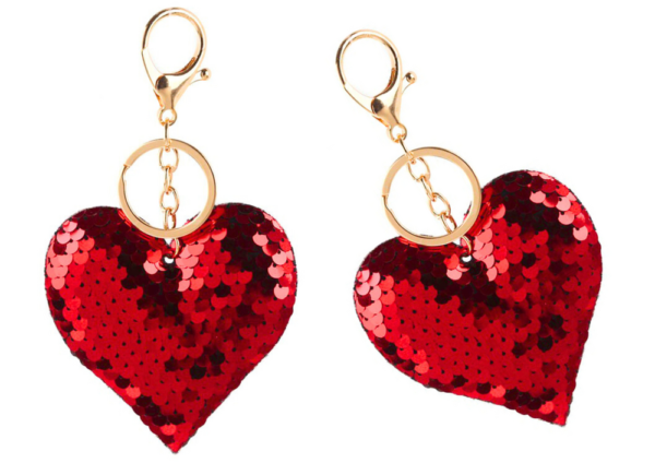 Heart Keychain Sequins Double Sided Silver Red