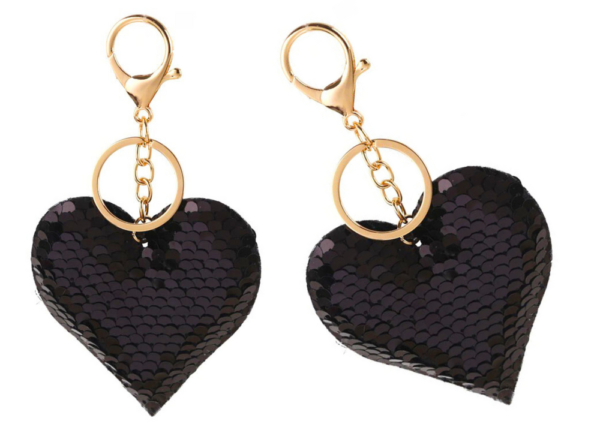 Heart Sequins Keychain Double-Sided Silver Black