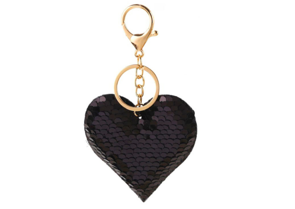 Heart Sequins Keychain Double-Sided Silver Black - Image 2