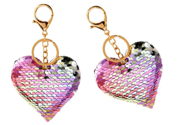 Heart Keychain Sequins Double Sided Silver Pink