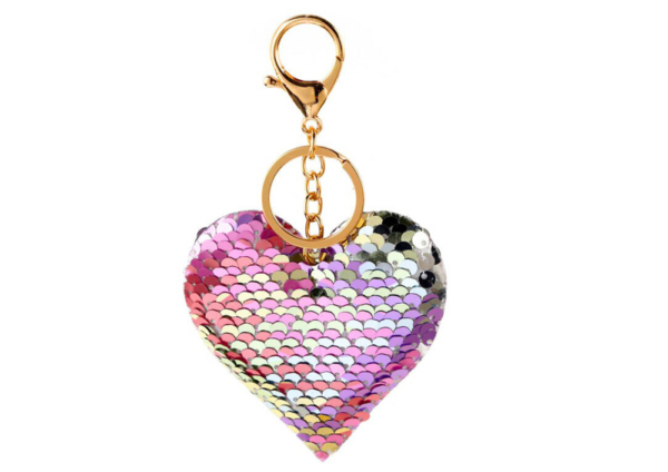 Heart Keychain Sequins Double Sided Silver Pink - Image 2