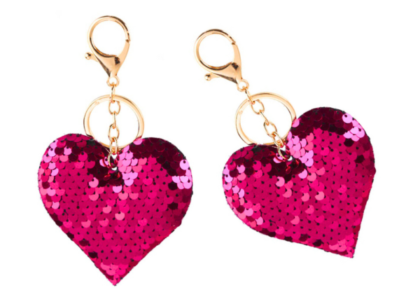 Heart Keychain Sequins Double-Sided Silver Dark Pink