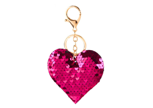 Heart Keychain Sequins Double-Sided Silver Dark Pink - Image 2