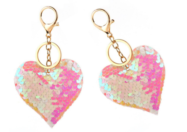 Heart Keychain Sequins Double-Sided White Light Pink