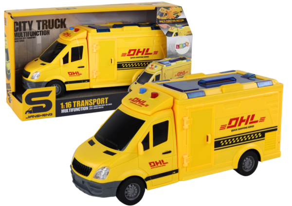 Delivery Car 1:16 Friction Drive Opening Doors Lights Yellow Sounds