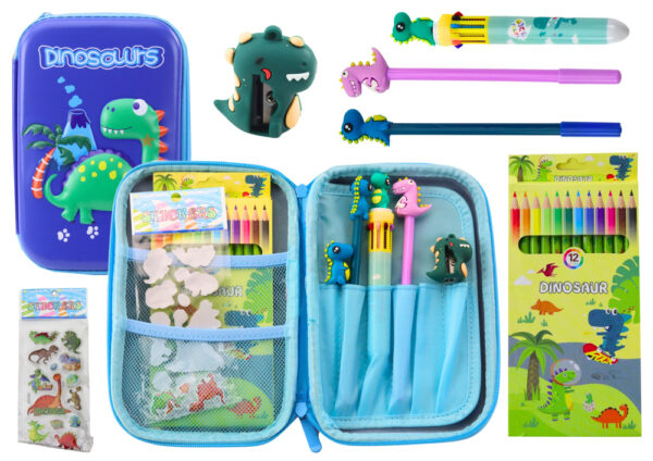 School Pencil Case with Dinosaur Blue Accessories