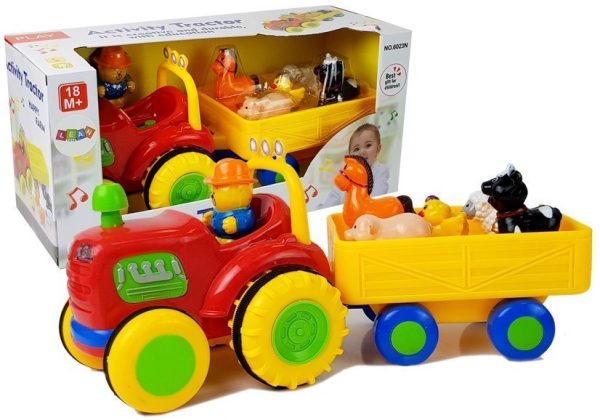 Tractor with a trailer, animals for babies on batteries with sound