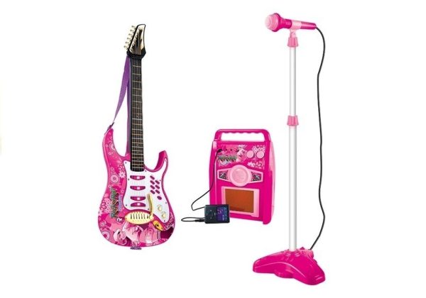 Pink electric guitar with microphone and amplifier - Image 2