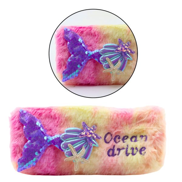 Plush Pencil Case With Mermaid Tail Sequins Pink Purple - Slika 3