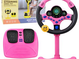 Interactive Steering Wheel on Stand with Pedals Lights Sounds Pink