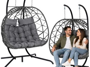 Dvostruka viseća stolica jaje od ratana do 260 kg - siva