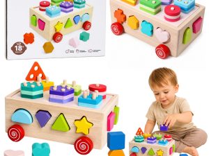 Wooden Montessori Educational Sorter on Wheels Shapes and Numbers