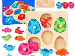 Colorful Wooden Dinosaur Educational Puzzle with Pegs